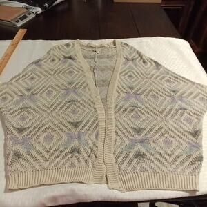 Crocheted Short Sleeve Cardigan XS Cream Ivory Open Front Lagenlook Boho Hippie